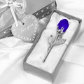 Blue crystal rose ornament with silver stem in a satin-lined gray gift box - Silver Stem Blue Bud Silver Box