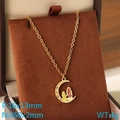Gold stainless steel moon necklace with colorful cameo pendants and sparkling crystals - Moon Small Figures With Rhinestone (KN292759-Z)
