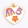 Golden heart charm with white enamel featuring a purple number five and floral detail - Heart Camellia Jacket Style (M030539-B) / Purple