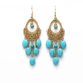 Bohemian gold turquoise waterdrop earrings with vintage hollow design and hanging beads - Turquoise Gemstone Drop
