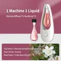 White smart aroma diffuser set with gardenia fragrance bottle and floral background - White Machine + Gardenia Essential Oil