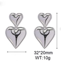 Silver stainless steel heart earrings with dimensions 32x20mm shown on white background - Steel Color Double Heart Earrings (KE110547-WGJD)