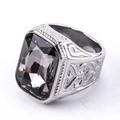 Detailed close-up of vintage silver steel ring with a large square black gemstone and relief - US 7 / Silver Tone (Dark Gray Rhinestone)
