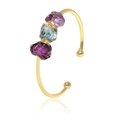 Adjustable gold-plated cuff featuring raw amethyst and teal natural crystal stones - Two Amethyst One Fluorite Bangle