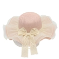 Detailed texture of woven straw sun hat with delicate lace bow and organza brim - Pink