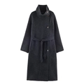 Thick dark grey wool coat with stand collar and waist belt for a classic autumn look - S / Dark Gray