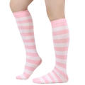 Detail of pink and white striped knee-high socks with elastic ribbed cuffs for women - Straight Without Heel / Pink And White Wide Stripe