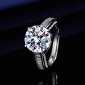 Silver moissanite ring with round center stone and baguette side stones on blue velvet - 5-carat White Gold Ljz-103 / Adjustable Open
