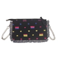 Black denim crossbody bag with colorful checkered pattern and grey fringe tassels on chain - Black Checkerboard