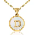 Detailed close-up of a round gold letter D pendant with white mother-of-pearl inlay and O-chain - Letter D / Gold