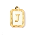 Detailed macro view of a vintage gold and white rectangular pendant featuring the letter J - Letter J
