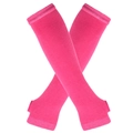 Detail view of rose red knitted arm warmers with thumb holes in a crossed layout - Rose Red
