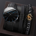 Close-up of men's black quartz watch set with woven beaded bracelets in a premium gift box - Blue Needle Cool Black Set S00201-7 (Watch And Bracelets)
