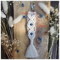 White macrame evil eye keychain with blue beads and fringe, measuring 22cm by 3cm - White Small Pendant