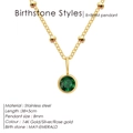 14K gold plated stainless steel necklace with 8mm round green emerald birthstone pendant - May Green (Green Rhinestone) / Gold