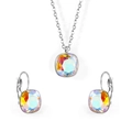 Silver stainless steel jewelry set featuring square colorful crystal necklace and earrings - Steel-AB Aurora Crystal