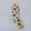 Mid-calf cotton socks with sunflower patterns and khaki contrast toes on off-white fabric - One Size / Sunflower