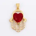 Golden Hamsa Hand pendant with a large heart-shaped red gemstone and white micro-inlay - M599107-red / Red