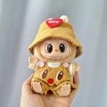 Labubu plush toy wearing a yellow corduroy outfit with red heart embroidery detail - Butter Bear Jumpsuit Three-piece Set / First And Second Generation Keychains Are Compatible With La Cloth Dolls. Dolls Not Included.