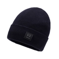 Men's navy blue ribbed knit beanie with thick thermal lining and square logo patch - One Size / Navy Blue