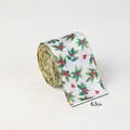 White Christmas ribbon with holly print and gold metallic edges, 6.3cm width - Holly Leaves and Berries