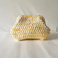 Handmade crochet cloud bag in yellow and white color block with metal frame clasp - Amber White