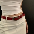 Faux crocodile pattern red leather waist belt with vintage oval metal buckle on model - Red Crocodile Pattern Oval Buckle Thin Belt (30# Waist Chain-Red)