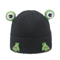 Cute black frog-themed knitted hat with green eye decorations and Good embroidery - M (56-58cm) / Black