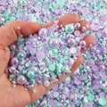 Mixed size purple and mint green half round flatback pearls with AB iridescent luster - 30 g / Lake Green Light Purple Series-06