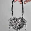 Mini heart-shaped silver rhinestone evening bag with black beaded handle and chain - Black Heart Bag with Small Crystals