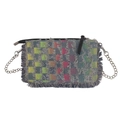 Colorful denim checkerboard crossbody bag with fringe edges and silver chain strap - Denim Check