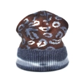 Detailed view of leopard print knit beanie with blue ribbed cuff and white stripes - Dark Brown Base Gray Blue Leopard Blue Cuff (3#)