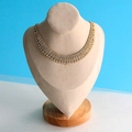 Elegant multi-row gold plated rhinestone choker necklace on wooden bust display stand - Medium Beige Velvet