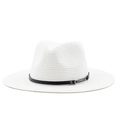 Close-up of white straw sun hat featuring a black leather band and metal buckle detail - M (56-58cm) / White