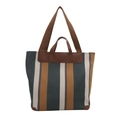 Vertical striped canvas tote bag with brown leather handles for daily commuting and school - Blue