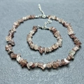Natural pink crystal irregular stone bead necklace and bracelet set with silver clasp - Bracelet / Strawberry Quartz