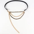 Fashionable black faux leather belt featuring triple layered gold chains and round pendant - Black