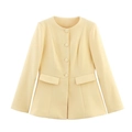 Chaqueta entallada amarillo crema para mujer con cuello redondo y cierre de botones - S / Amarillo claro