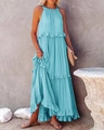 Close-up of sky blue tiered maxi dress showing ruffled layers and pleated fabric texture - Light Blue