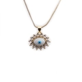 Goldene Halskette mit Sonnenblumen-Anhänger, blauem Auge und klaren Zirkon-Steinen - Gold
