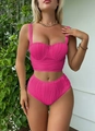 Two-piece rose red high waist bikini set with unique textured ribbed fabric - Rose Red