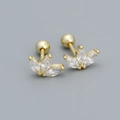Golden 925 silver flower stud earrings with marquise-cut zircon stones and ball screw backs - 925 Silver / Gold