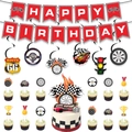 Kit fête de course avec bannière Happy Birthday et spirales décoratives drapeau damier - Ensemble de Décoration d'Anniversaire de Course D