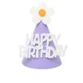 Purple non-woven birthday party hat with white daisy flower and Happy Birthday text - Daisy Birthday Hat - Purple