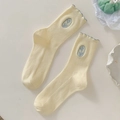 Calze in cotone beige con ricamo a tulipano blu e polsini smerlati con strisce verticali - Taglia unica / Giallo tenero