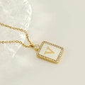 Gold square necklace with white shell inlay, sparkling zircon, and letter V pendant - Gold-V