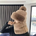 Ensemble bonnet écharpe intégré en peluche kaki pour femme avec pompon mignon - café