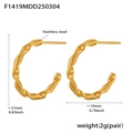 Detailed view of golden twisted rope C-shaped stainless steel earrings with dimensions - Spiral Pattern C-Shape - Gold (F1419)