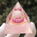 Orgone pyramid with pink crystal stones and golden metal coil energy generator - Pink Ball Spiral / Small