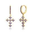 Gold plated S925 sterling silver hoop earrings with purple crystal cross charms - Gold Base Purple Stone Claw Set Cross Hoop / Purple/Gold